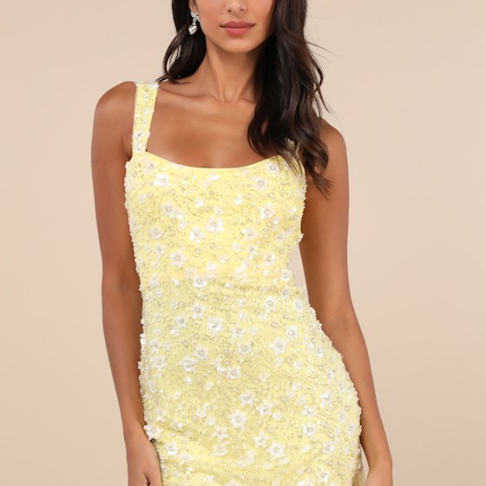 Lulus Dazzling Forever Yellow Sequin Beaded Bodycon Mini Dress - Size XXS